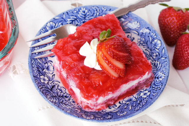 Strawberry, Banana, Pineapple Jello Salad - The sweetness of fruit and Jell-O is complimented by the tang of sour cream. Ribbons of color are great year round.