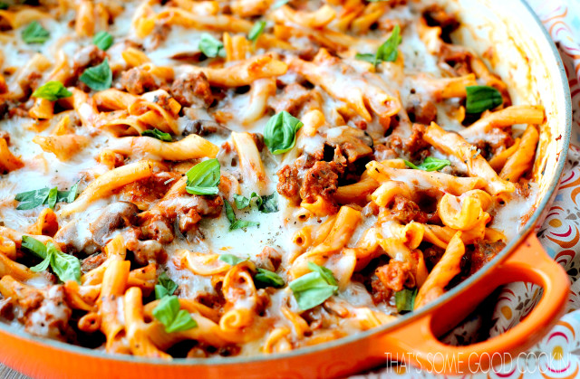 One-Skillet Italian Sausage Pasta--Hearty and very flavorful main course cooked all in one skillet!--Italian sausage, crimini mushrooms, marinara, Italian herbs, pasta, Parmesan and mozzarella.