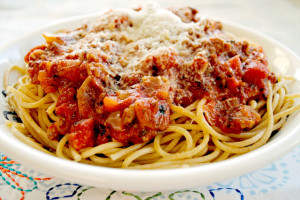 Spaghetti with Italian Sausage and Fire Roasted Tomato Sauce